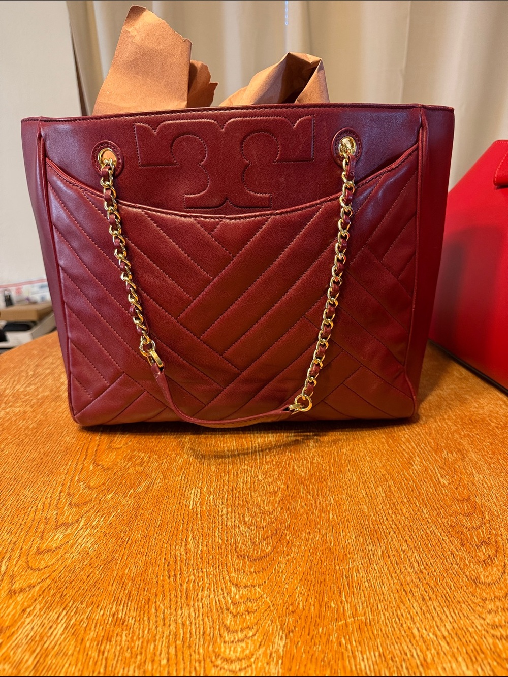Tory Burch Burgundy Quilted Chevron Tote with Gold Chain Handles
